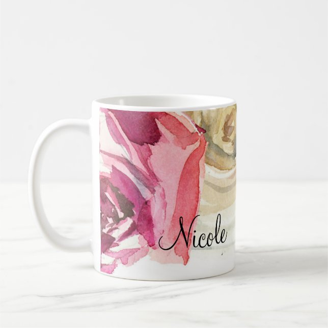Rose in Aquarellfarben Rosa und Weißer Chic Kaffeetasse (Links)