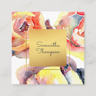Rose in Aquarellfarben und Gold Moderne Quadratische Visitenkarte
