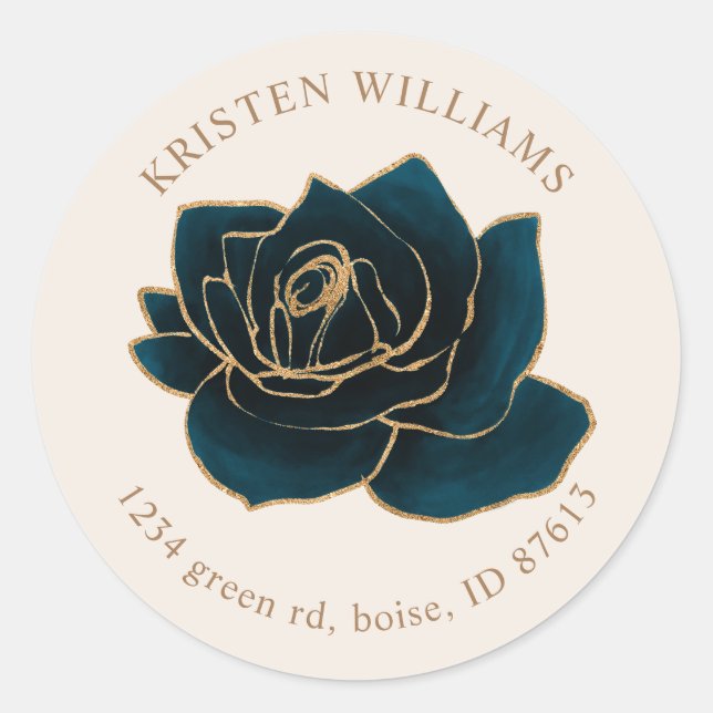 Rose in Aquarellgolden und blaue Rücksendeadresse Runder Aufkleber (Vorderseite)