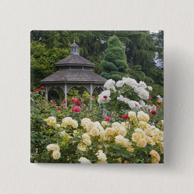 Rose in Blüte und Gazebo Rose Garden im Garten Button (Vorderseite)