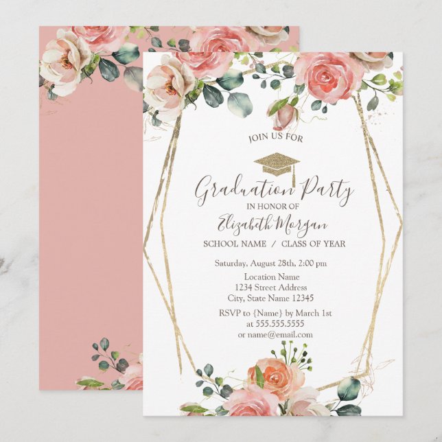 Rose in Form, Grad Cap, Abschluss Einladung (Vorne/Hinten)