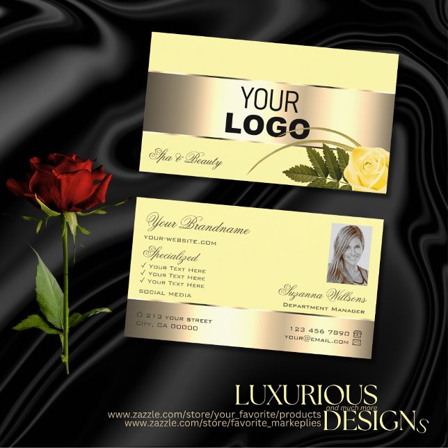 Rose in Gelb-Gold-Dekoration mit Logos und Foto Visitenkarte (Von Creator hochgeladen)