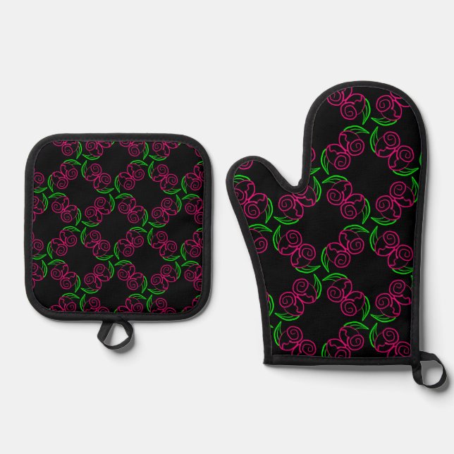 Rose in Heiß-Rosa Ofenhandschuh & Topflappen-Set (Vorderseite)