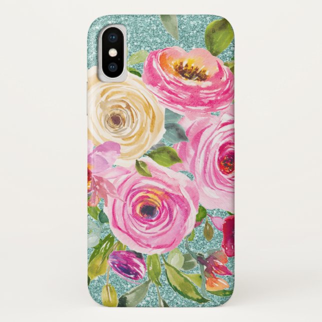 Rose in Rosa und Creme Aqua Glitzer Case-Mate iPhone Hülle (Rückseite)