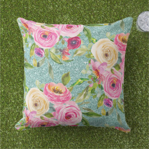 Rose in Rosa und Creme Aqua Glitzer Kissen