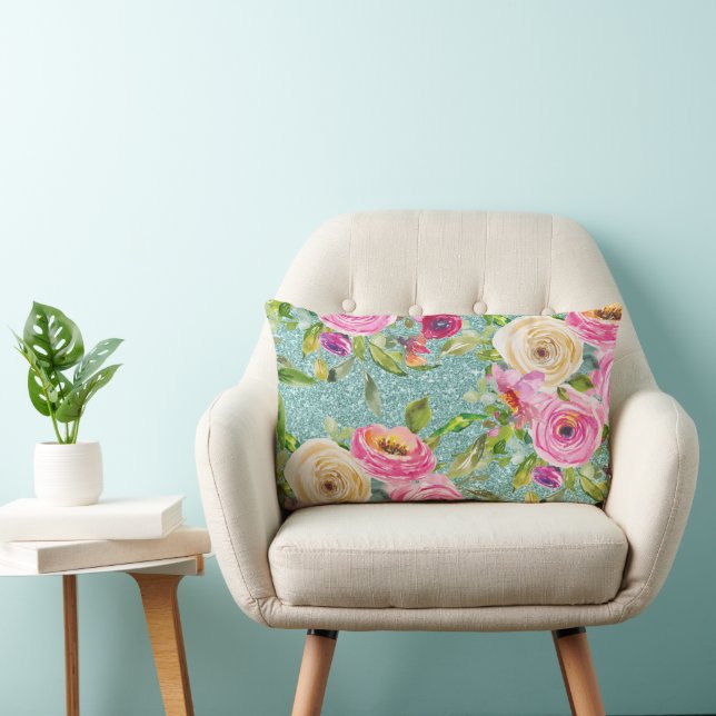 Rose in Rosa und Creme Aqua Glitzer Lendenkissen (Stuhl )