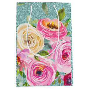 Rose in Rosa und Creme Aqua Glitzer Mittlere Geschenktüte