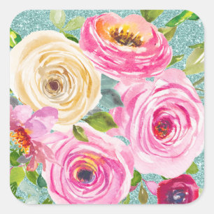 Rose in Rosa und Creme Aqua Glitzer Quadratischer Aufkleber