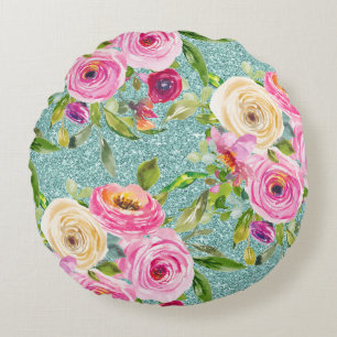 Rose in Rosa und Creme Aqua Glitzer Rundes Kissen