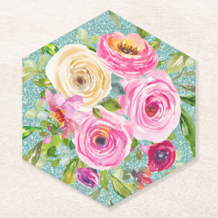 Rose in Rosa und Creme Aqua Glitzer Untersetzer