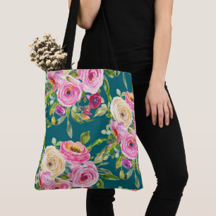 Rose in Rosa und Creme auf Aquamarin Tasche