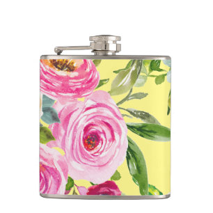 Rose in Rosa und Creme auf Gelb Flachmann