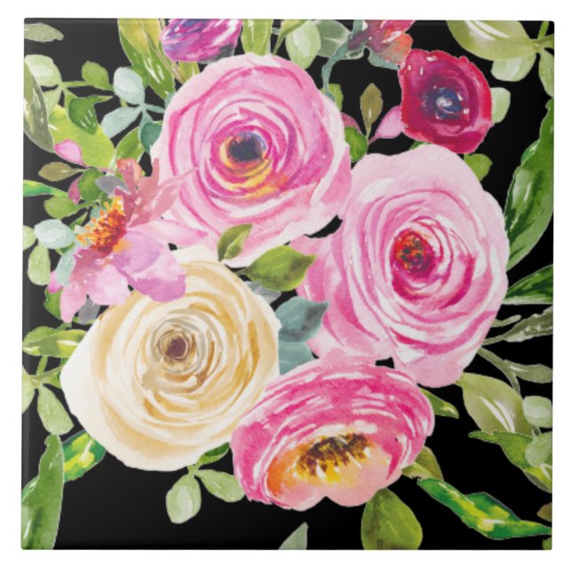 Rose in Rosa und Creme auf Schwarz Fliese (Vorderseite)