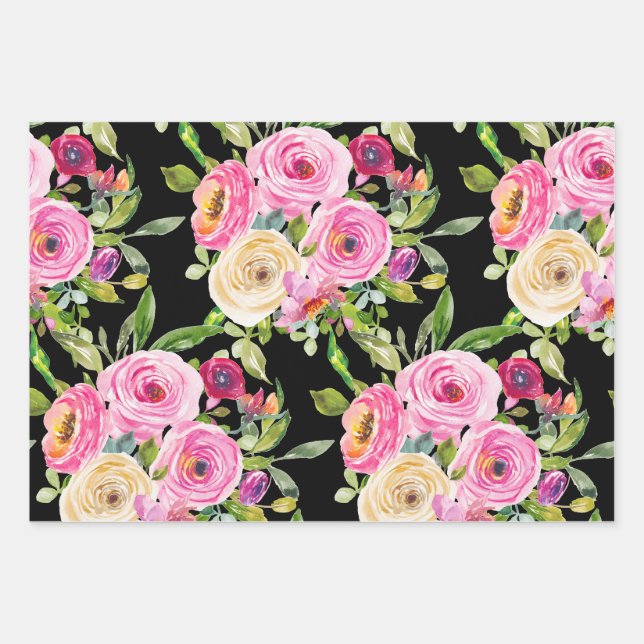 Rose in Rosa und Creme auf Schwarz Geschenkpapier Set (Vorderseite)