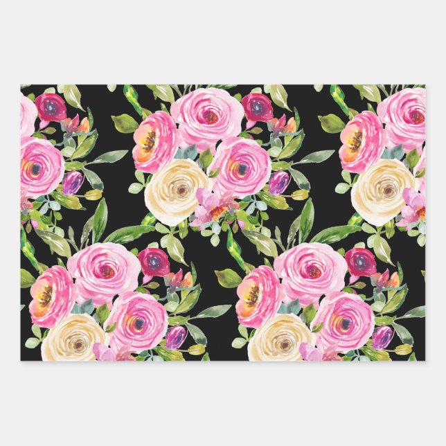 Rose in Rosa und Creme auf Schwarz Geschenkpapier Set (Vorderseite)