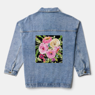 Rose in Rosa und Creme auf Schwarz Jeansjacke