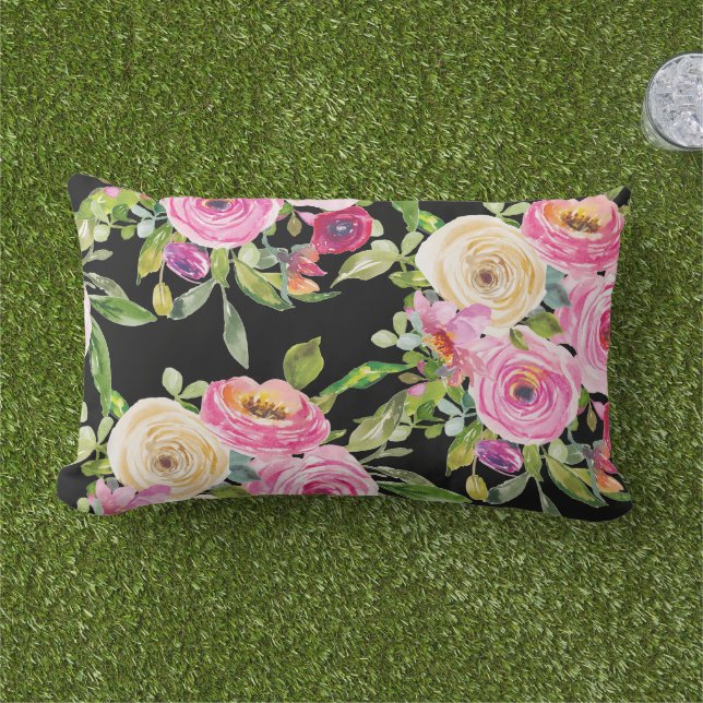 Rose in Rosa und Creme auf Schwarz Kissen Für Draußen (Gras)