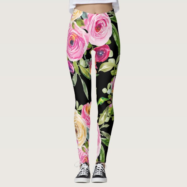 Rose in Rosa und Creme auf Schwarz Leggings (Vorderseite)