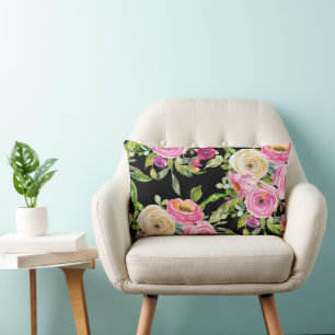 Rose in Rosa und Creme auf Schwarz Lendenkissen