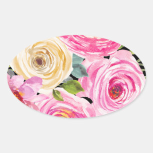 Rose in Rosa und Creme auf Schwarz Ovaler Aufkleber