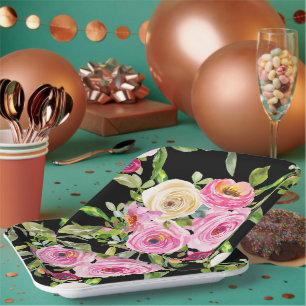 Rose in Rosa und Creme auf Schwarz Pappteller