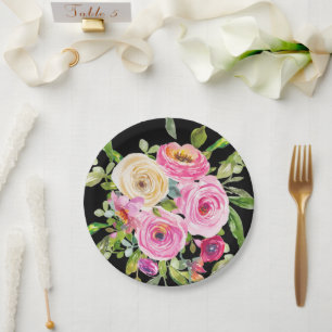 Rose in Rosa und Creme auf Schwarz Pappteller