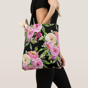 Rose in Rosa und Creme auf Schwarz Tasche