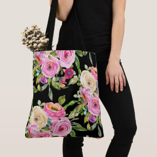 Rose in Rosa und Creme auf Schwarz Tasche