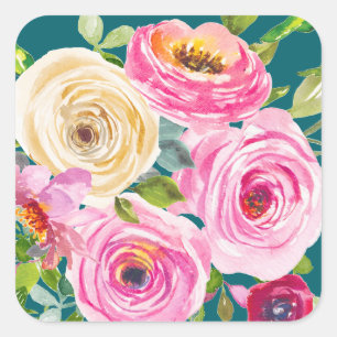 Rose in Rosa und Creme in Aquamarin Quadratischer Aufkleber
