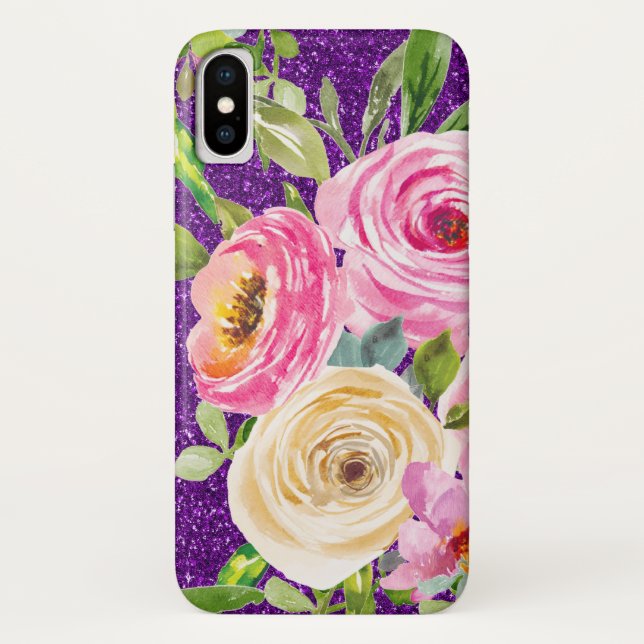 Rose in Rosa und Creme, Lila Glitzer Case-Mate iPhone Hülle (Rückseite)