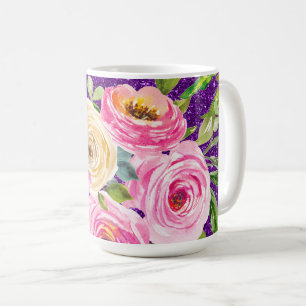 Rose in Rosa und Creme, Lila Glitzer Kaffeetasse