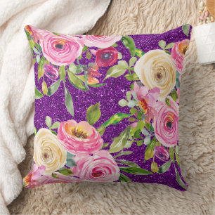 Rose in Rosa und Creme, Lila Glitzer Kissen