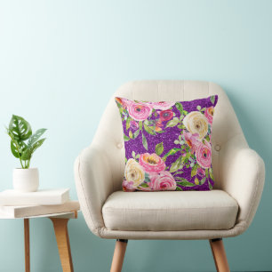 Rose in Rosa und Creme, Lila Glitzer Kissen