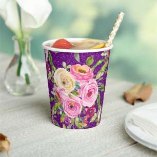 Rose in Rosa und Creme, Lila Glitzer Pappbecher