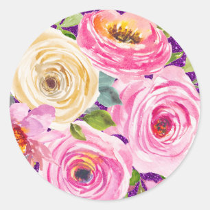 Rose in Rosa und Creme, Lila Glitzer Runder Aufkleber