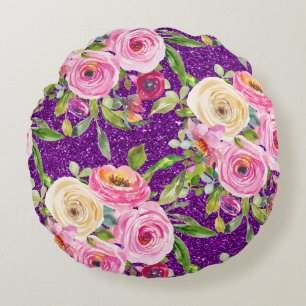 Rose in Rosa und Creme, Lila Glitzer Rundes Kissen