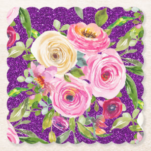 Rose in Rosa und Creme, Lila Glitzer Untersetzer
