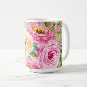 Rose in Rosa und Cremepinot Glitzer Kaffeetasse