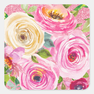 Rose in Rosa und Cremepinot Glitzer Quadratischer Aufkleber