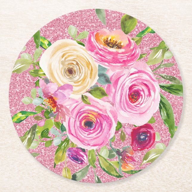 Rose in Rosa und Cremepinot Glitzer Runder Pappuntersetzer (Vorderseite)