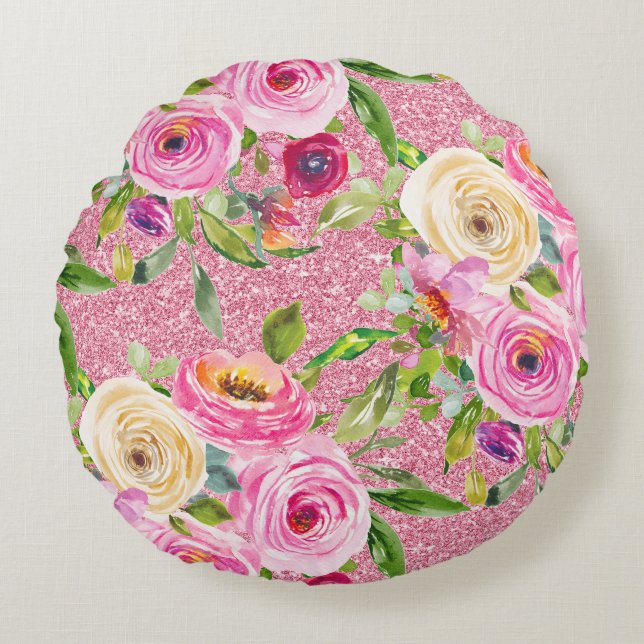 Rose in Rosa und Cremepinot Glitzer Rundes Kissen (Vorderseite)