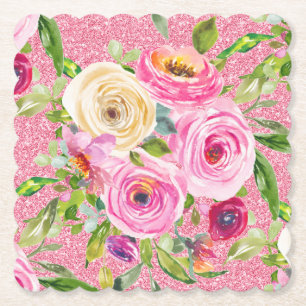 Rose in Rosa und Cremepinot Glitzer Untersetzer