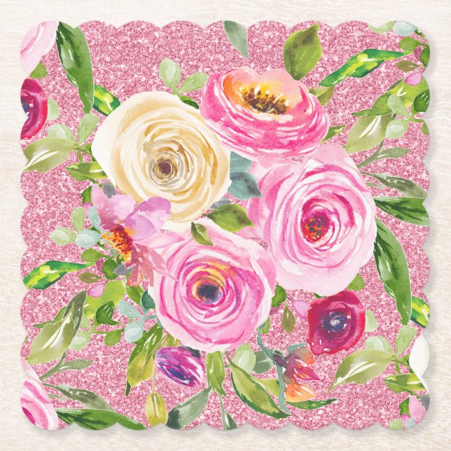 Rose in Rosa und Cremepinot Glitzer Untersetzer (Vorderseite)