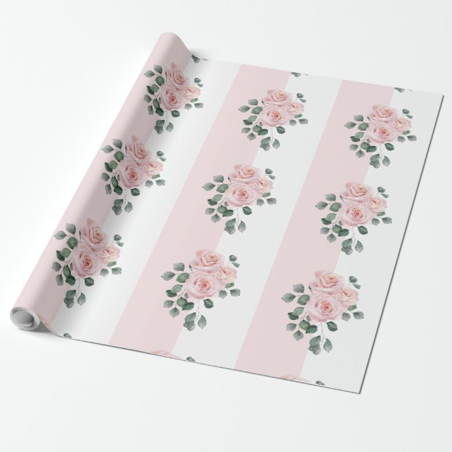 Rose in Rosa und Weiß Streifen Geschenkpapier (Ungerollt)