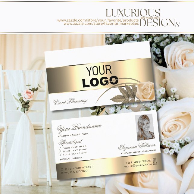 Rose in Weiß-Gold-Dekoration mit Logos und Foto Visitenkarte (Von Creator hochgeladen)