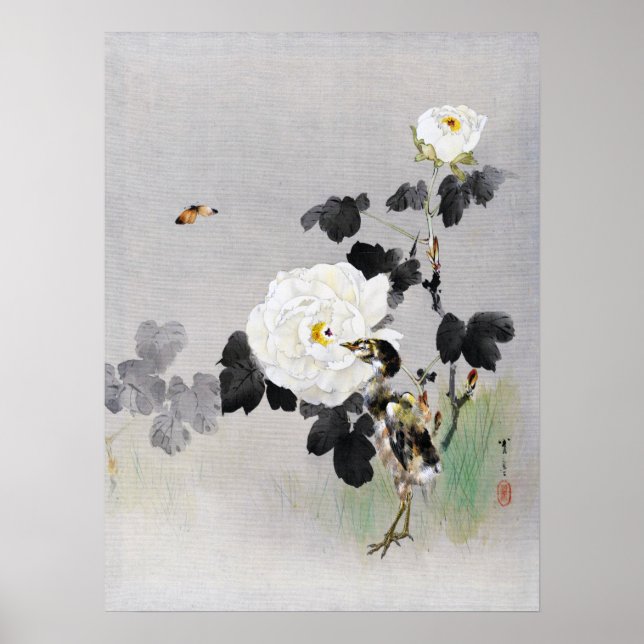 Rose, Junger Vogel und Schmetterling, Watanabe Sei Poster (Vorne)