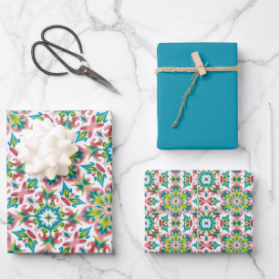 Rose, Kalkgrün, Aquamarin-Weiß-Muster Geschenkpapier Set