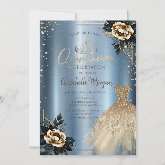 Rose Kleid, Diamonds Blue Metallic Quinceañera Einladung (Vorderseite)