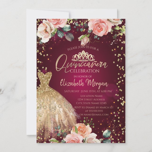 Rose, Kleid Tiara, Diamonds Burgundy Quinceañera Einladung (Vorderseite)