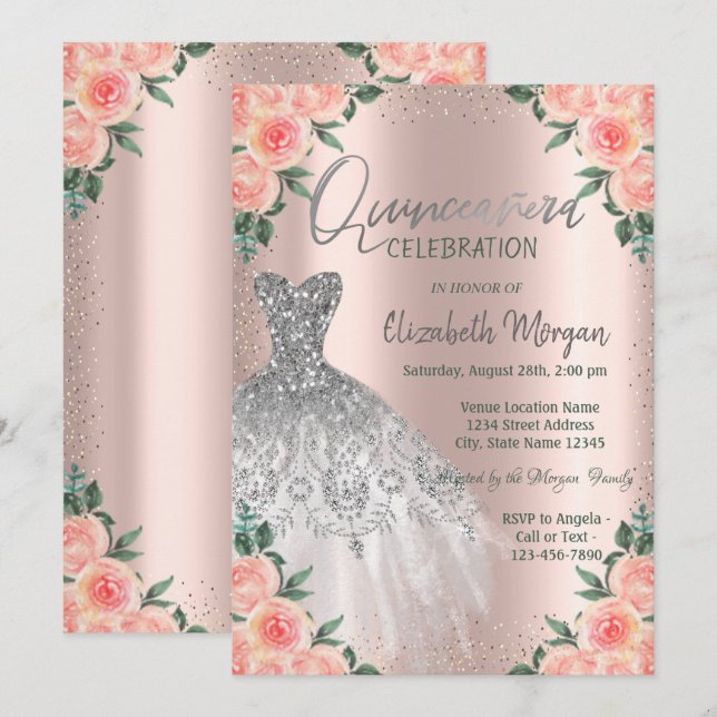 Rose, Kleidung, Blume, Rose Gold Quinceañera Einladung (Vorne/Hinten)